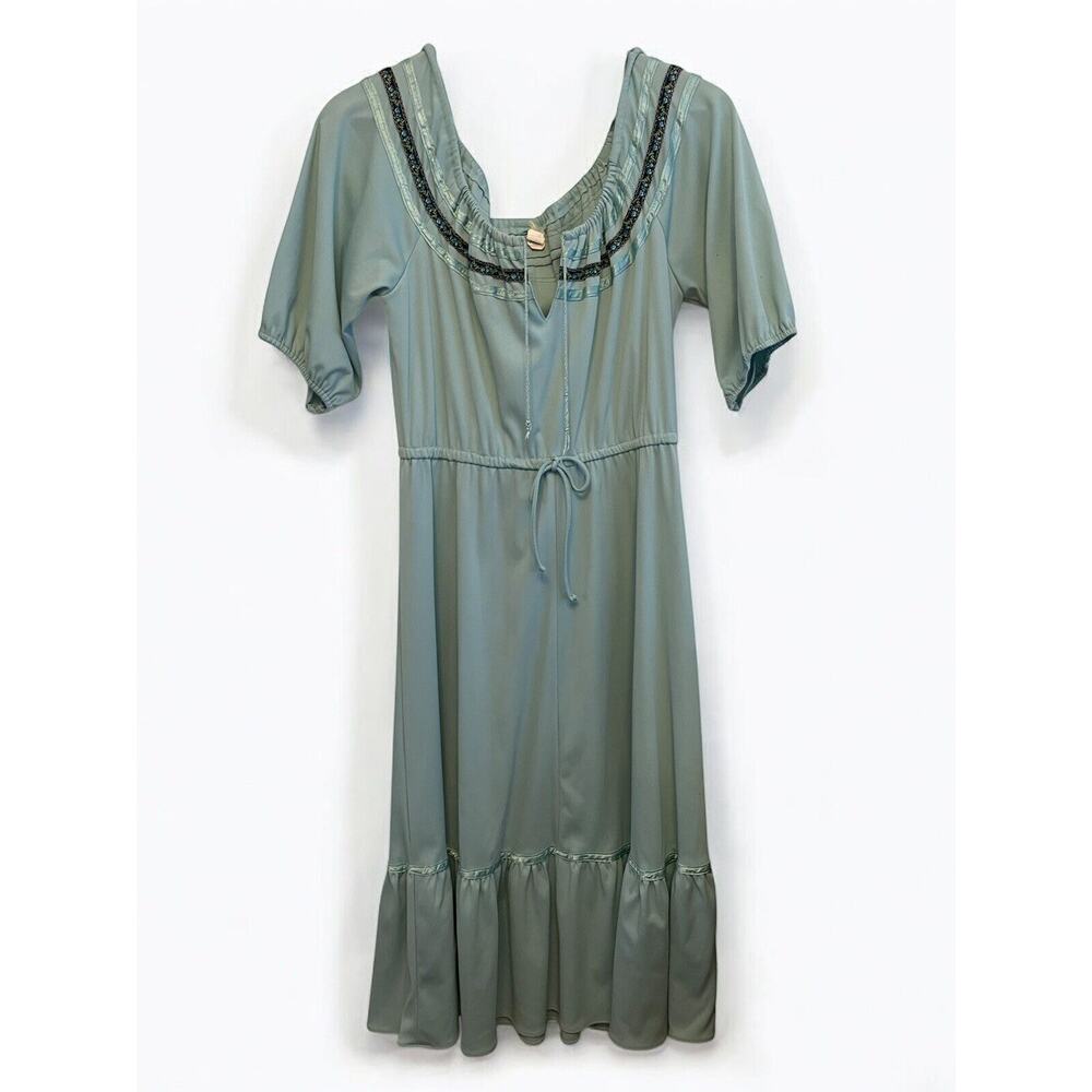Vintage 1970s/1980s Embroidered Midi Dress Women Size‎ Medium/Large Blue Boho